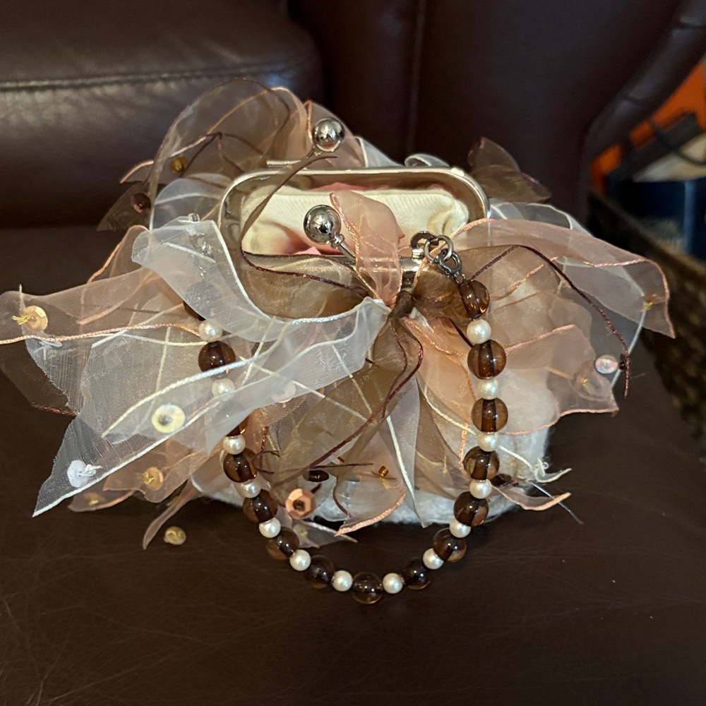 Elegant Beaded Evening Bag with Sheer Ruffles